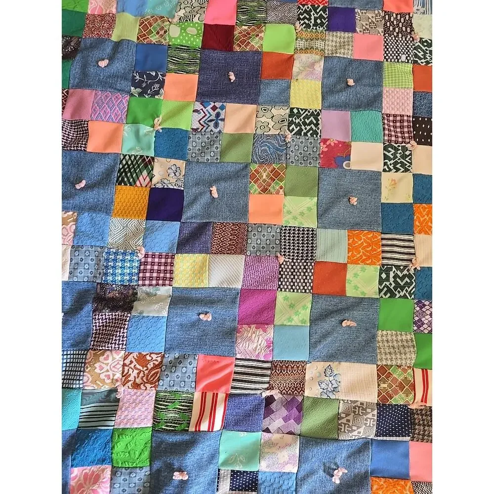 Vtg Multicolor Mixed Media Patchwork Reversible Quilted Bedding Throw 59